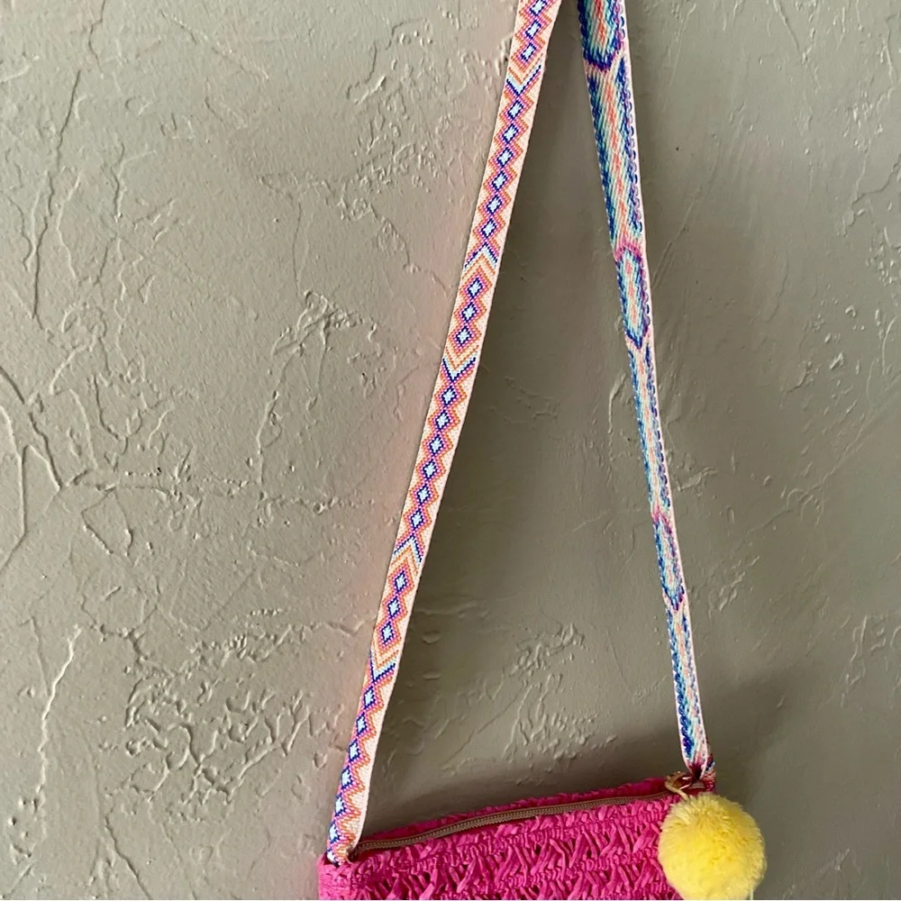 Old Navy Pink Woven Kids Crossbody Bag with Pom Poms